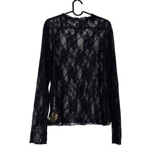 Women's Black Floral Lace Long Sleeve See Thru Top Shirt Size Large